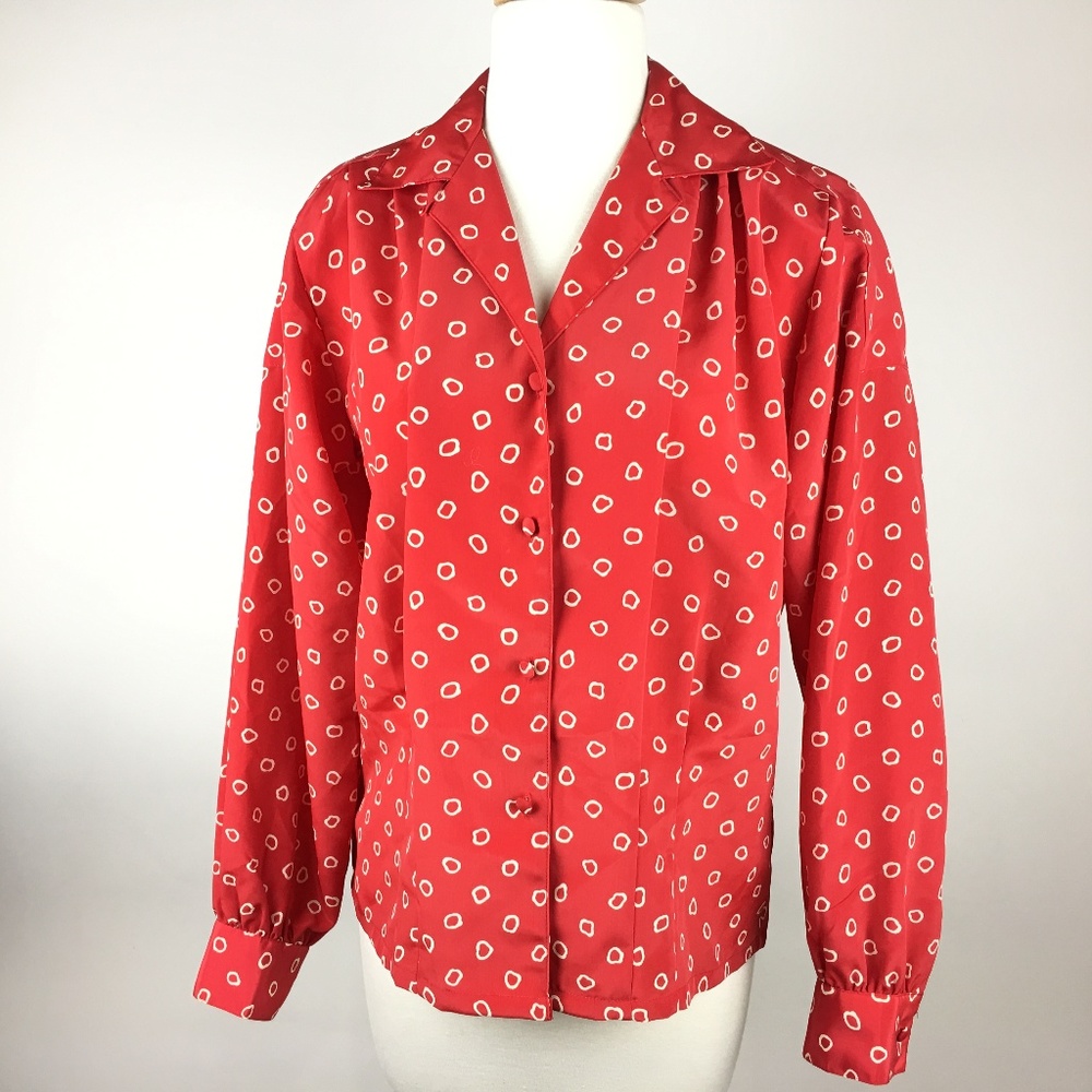 Oscar De La Renta Expressions Blouse Secretary Top Padded Shoulders Button Front